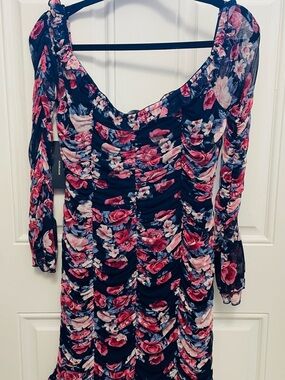 Lulus Navy Floral Ruched Bodycon Dress with Pink Roses